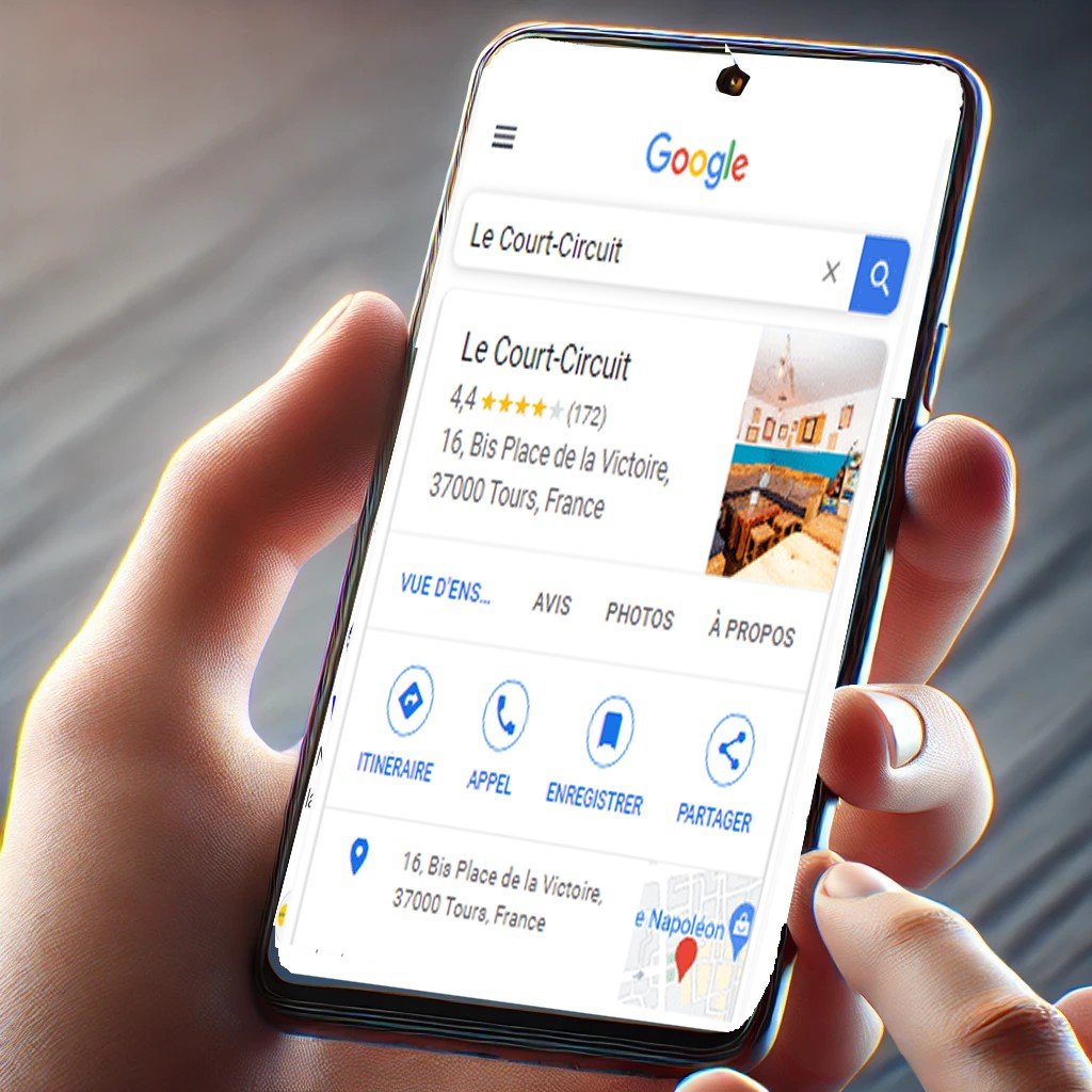 téléphone qui affiche une fiche établissement google